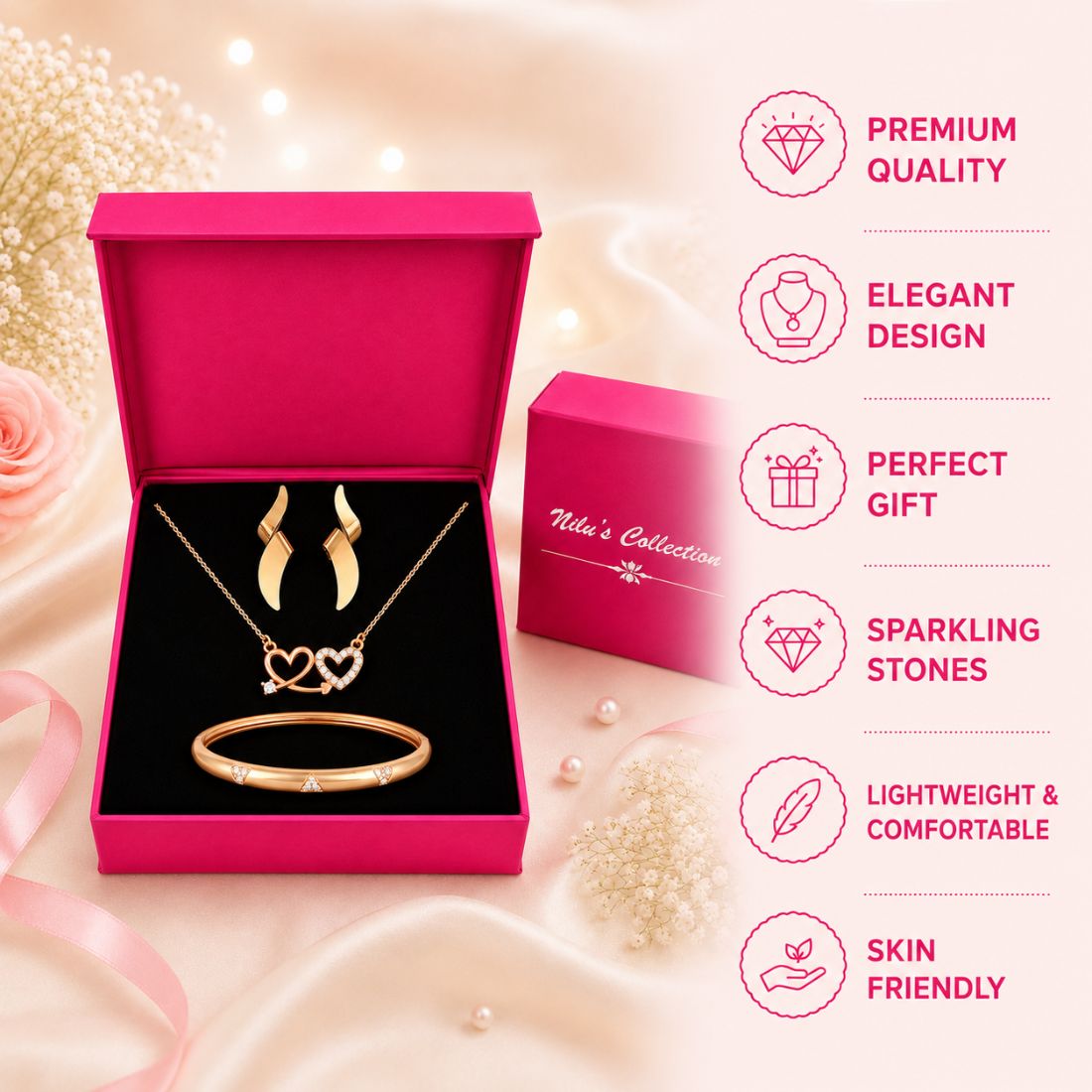 Rose Gold Heart Jewellery Gift Set For Women