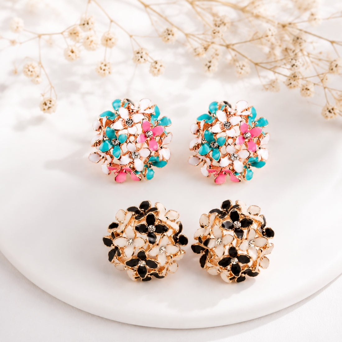 Multicolour Flower Clover Stud Earrings Set