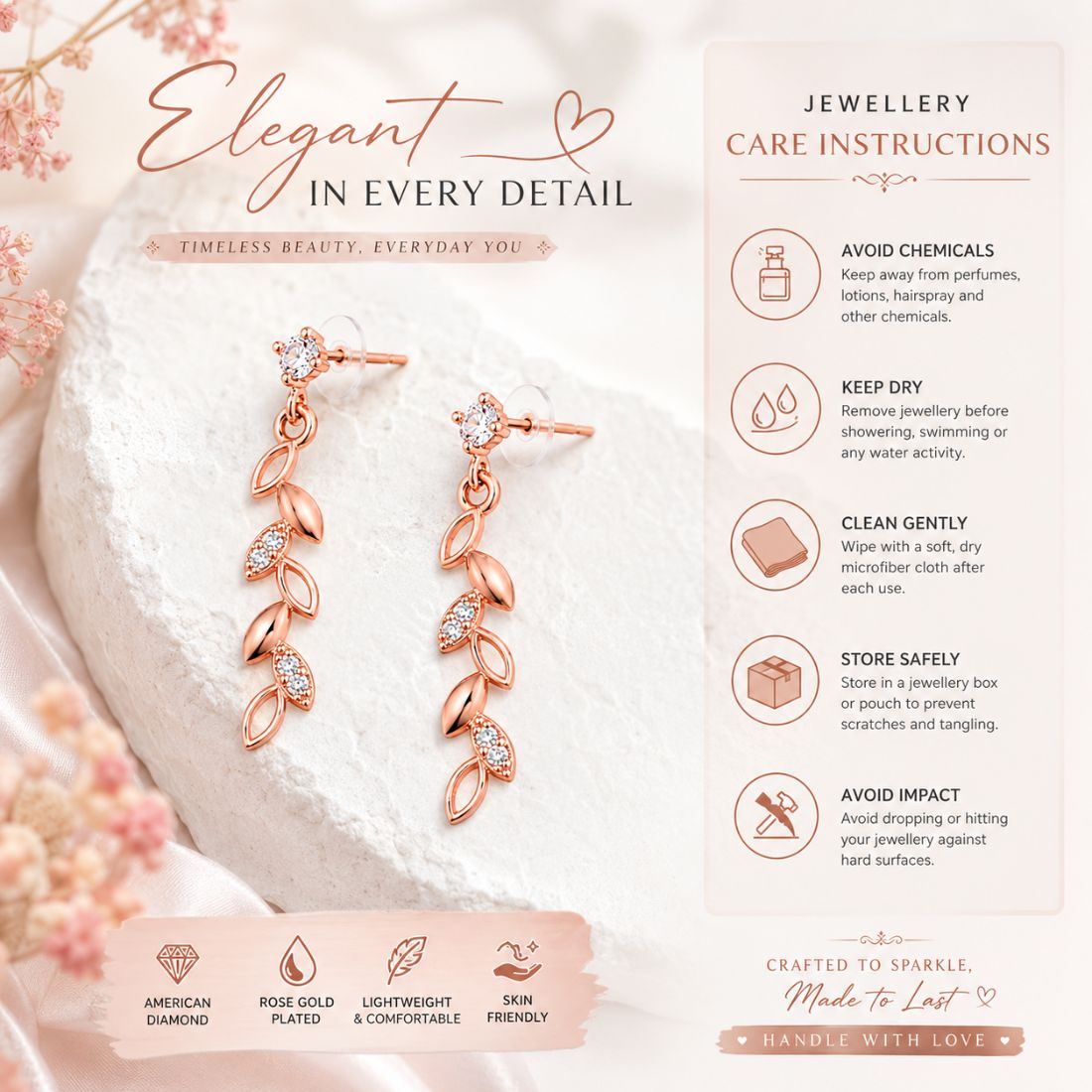 Rose Gold Leaf Drop Earrings