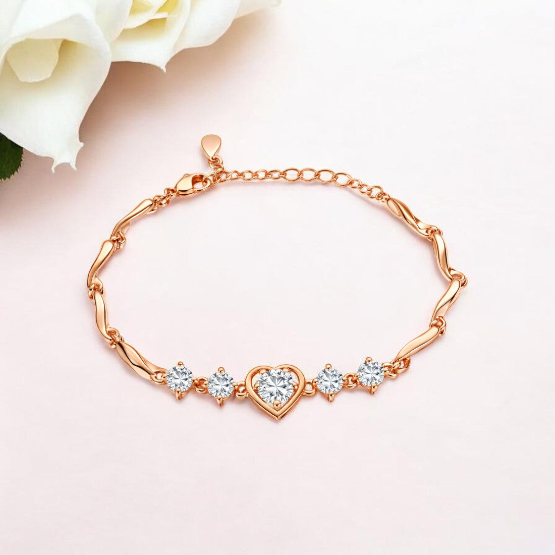 Rose Gold Plated Heart Design Bracelet with American Diamonds For Women And Girls | Anti-Tarnish | Anti-Allergy | Gift For Her