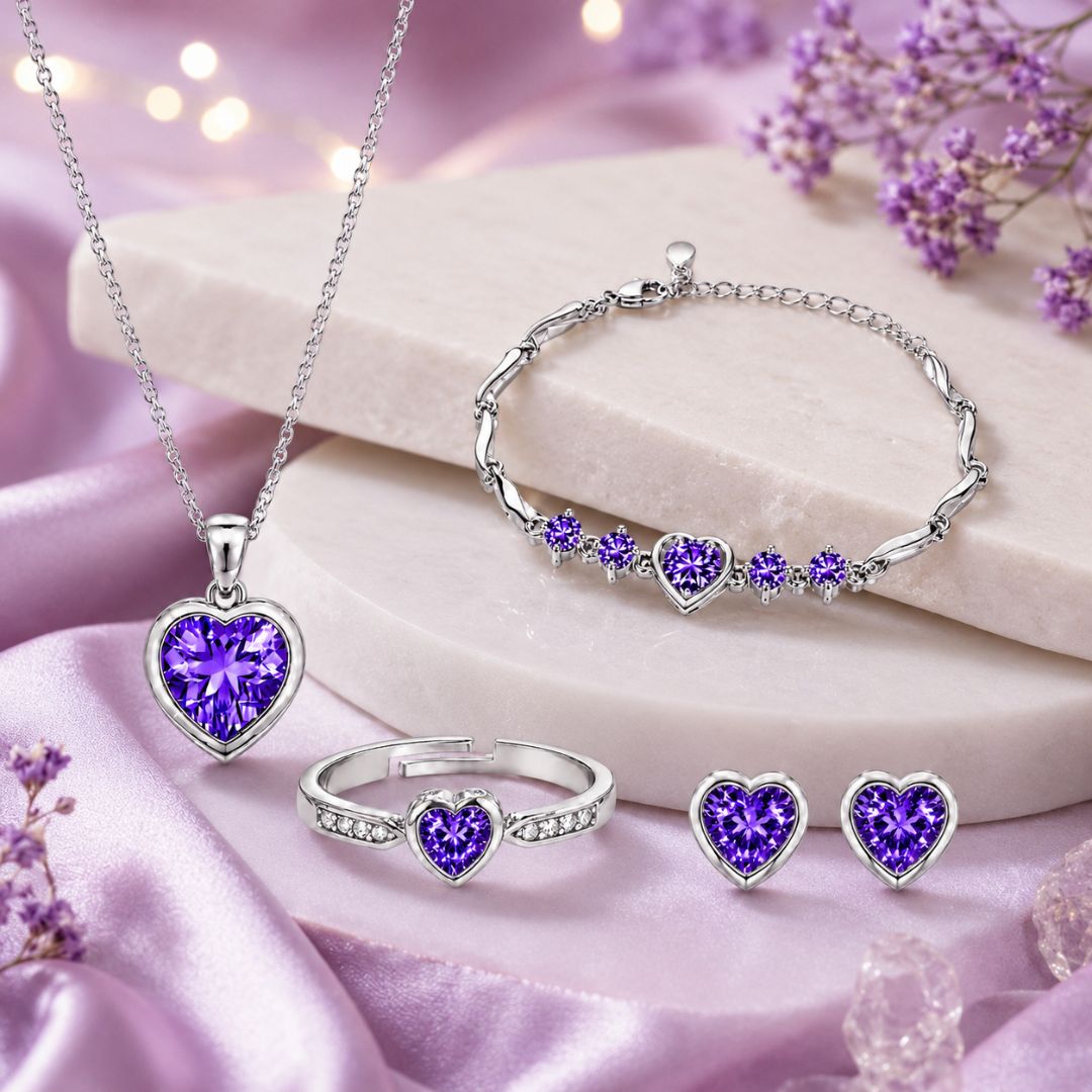 Silver Purple Heart Jewelry Set