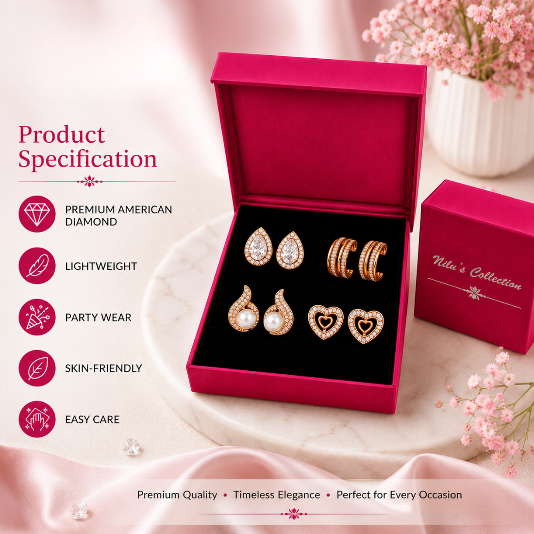 Weekly Rotation Rose Gold Plated Stud Earrings| Value Set For Women And Girls