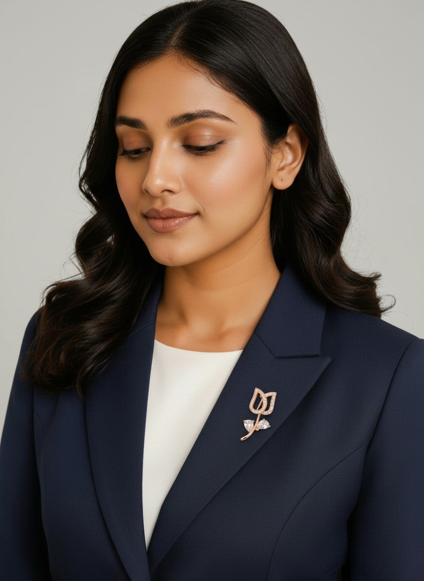 Rose Gold Floral Brooch Pin, Saree Pin