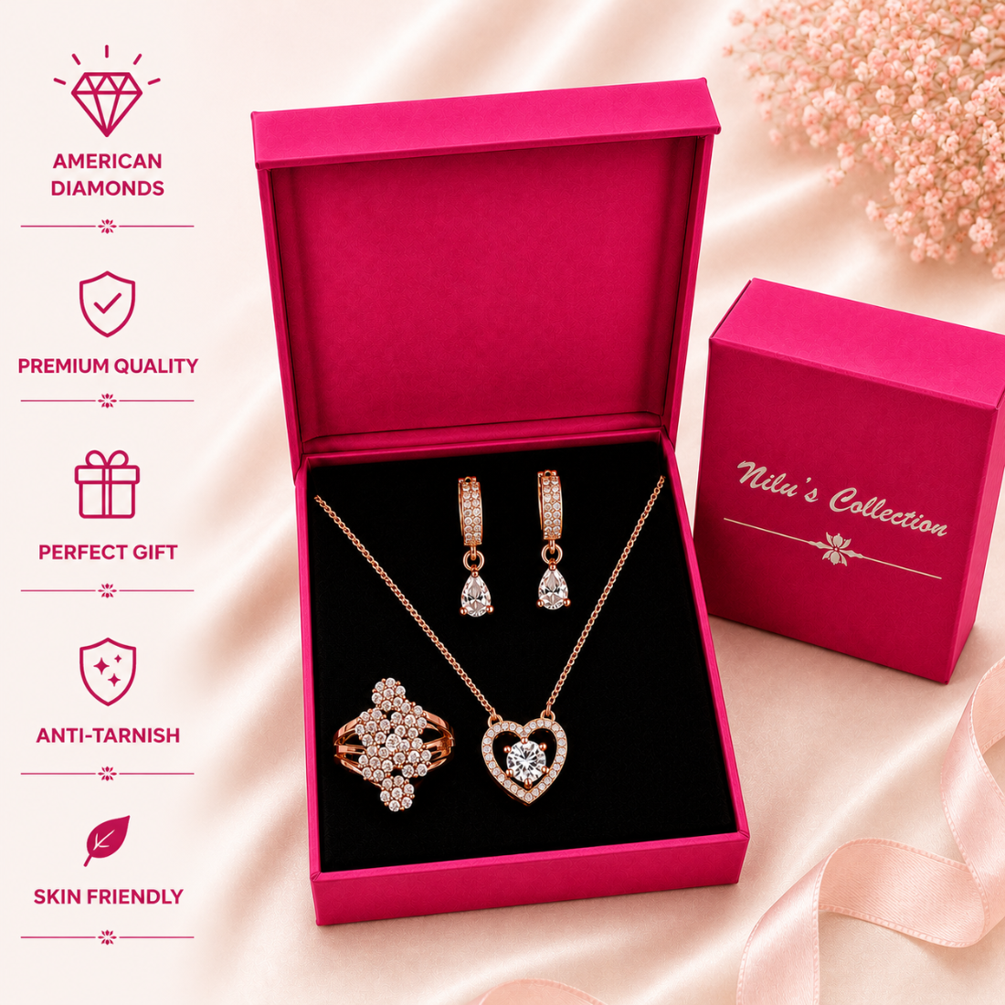 Rose Gold Pendant, Earrings & Ring Gift Set for Women