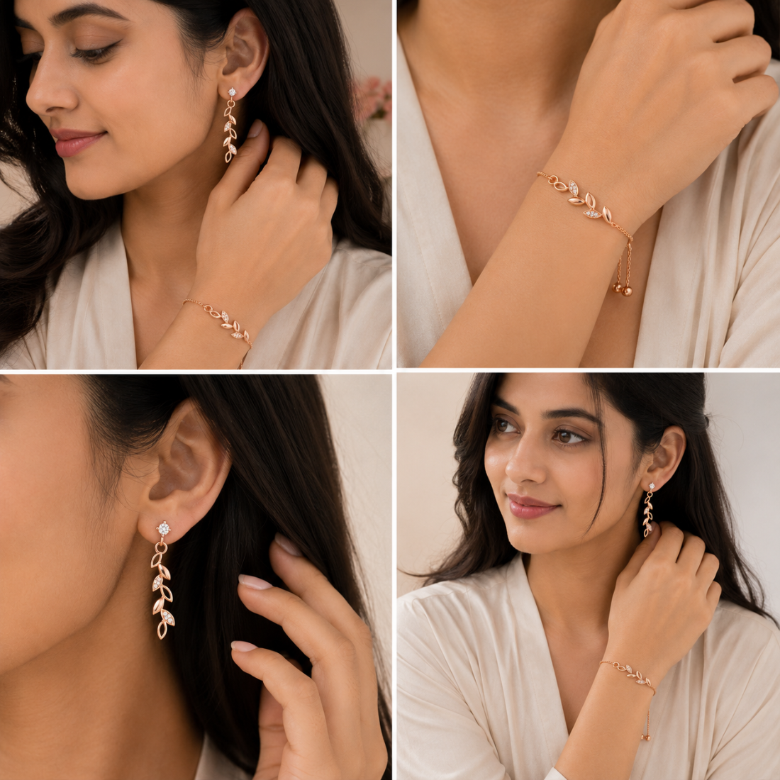 Rose Gold Leaf Bracelet With Drop Earrings For Women