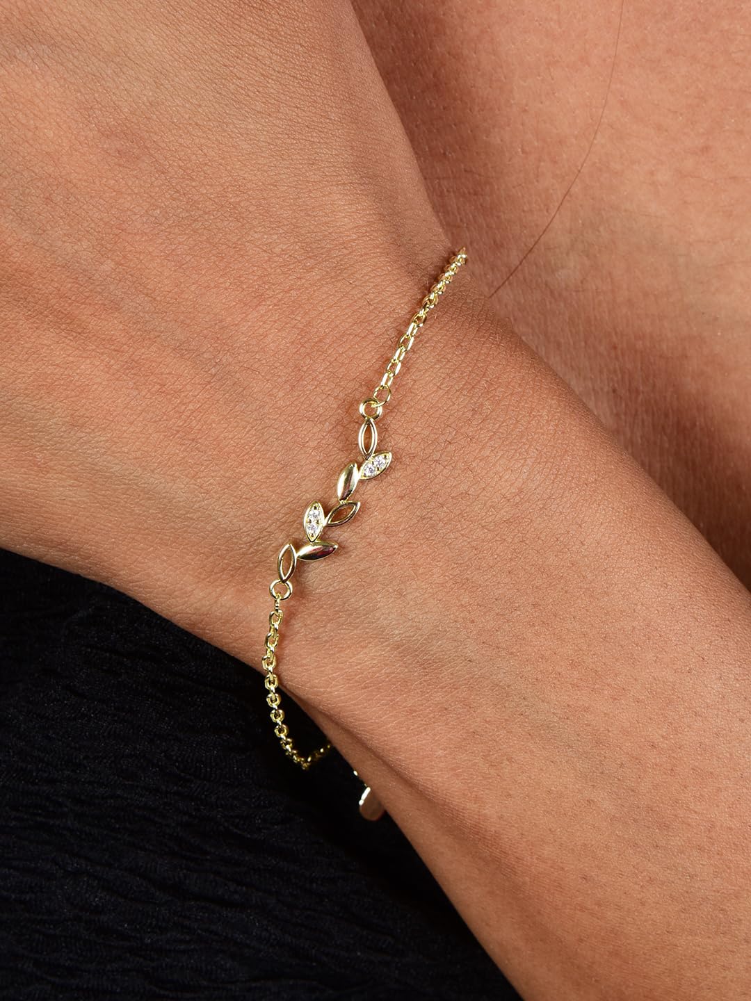 Gold Plated Adjustable Leaf Charm Crystal Bracelet for Women & Girls