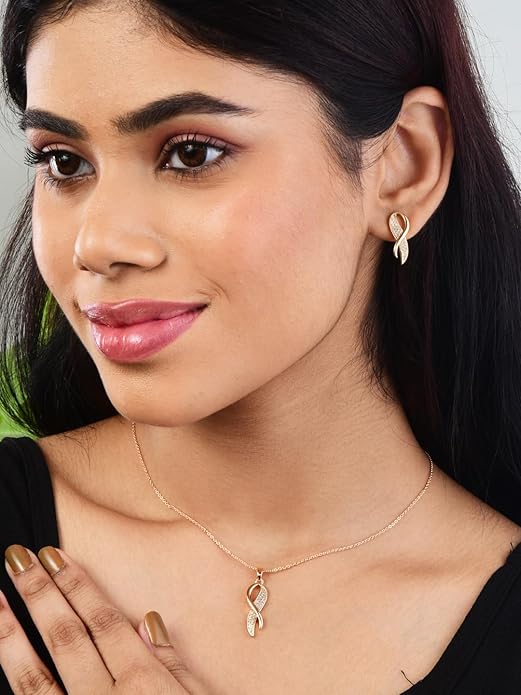 Rose Gold Plated Twist Pendant Necklace and Earrings Set for Women & Girls