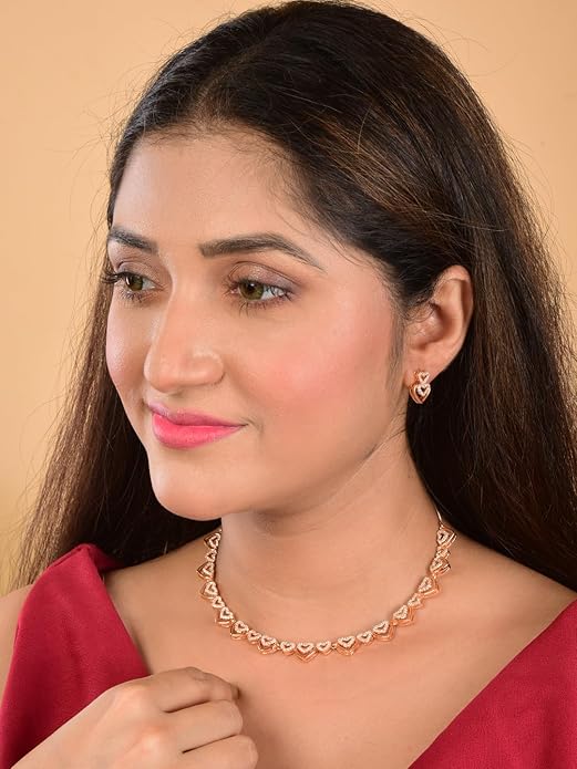 Rose Gold Plated AD Stone Necklace And Pair Of Earrings for Women | Special Occasions, Wedding, Engagement, Dating | Anti Tarnish | Gift for Her | Long Lasting Shine