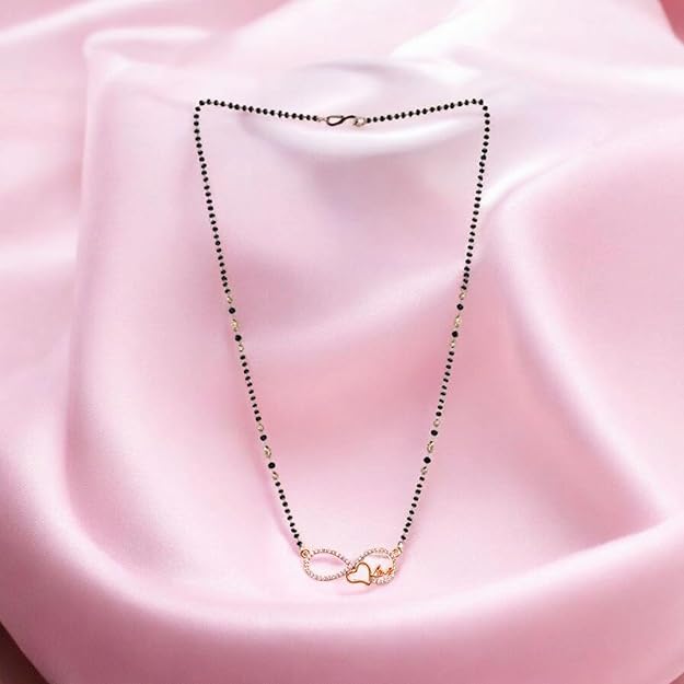 Mangalsutra Necklace with Infinity Heart Pendant| Black Beads Chain| Rose Gold Plated
