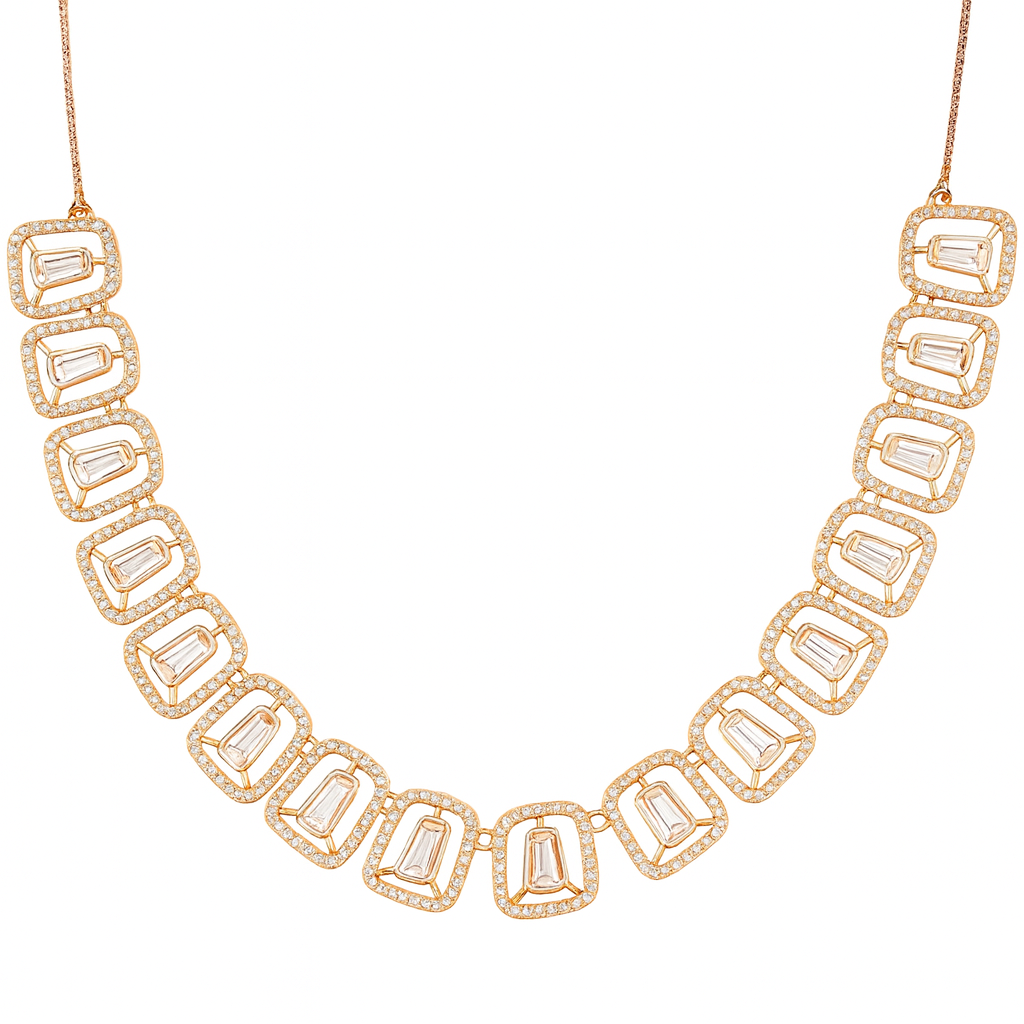 Nilu’s Collection Rose Gold Plated American Diamond Necklace & Earrings Set For Women | Anti-Tranish | Minimal Jewelry | Ideal for Gifting
