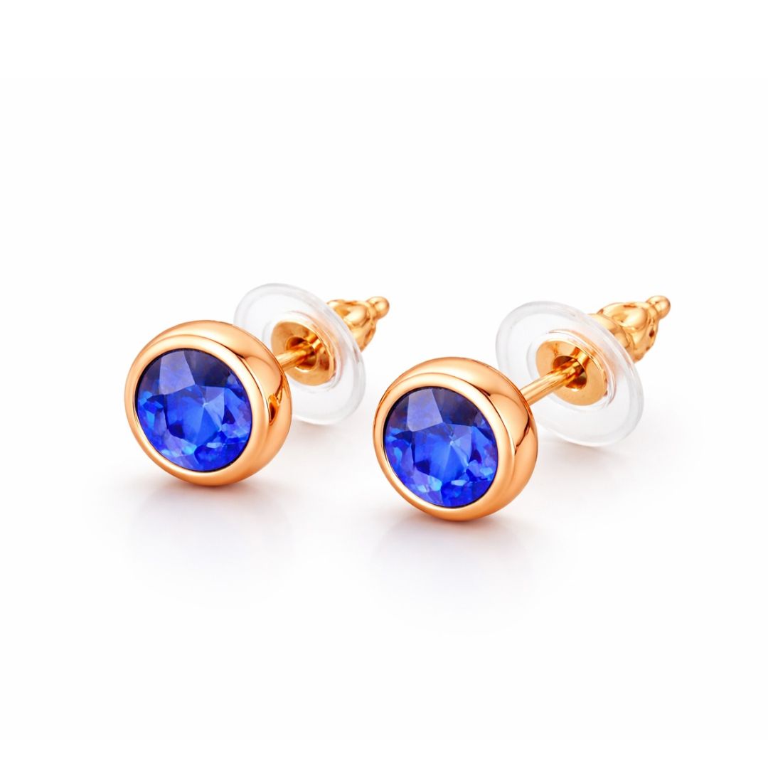 Rose Gold Round Blue Stone Stud Earrings