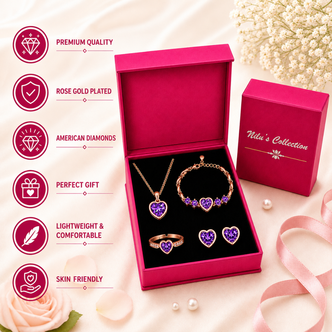 Rose Gold Purple Heart Jewelry Set