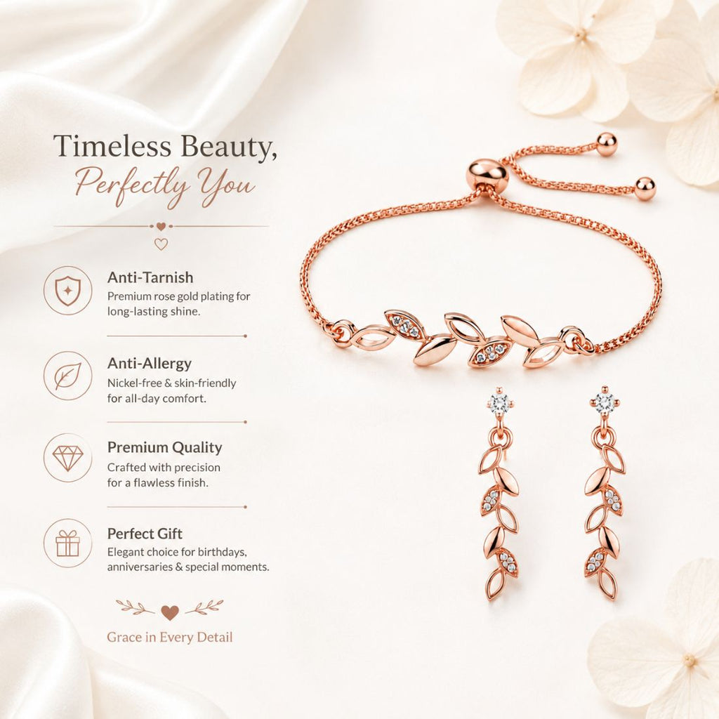 Rose Gold Leaf Bracelet With Drop Earrings For Women