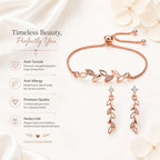 Rose Gold Leaf Bracelet With Drop Earrings For Women
