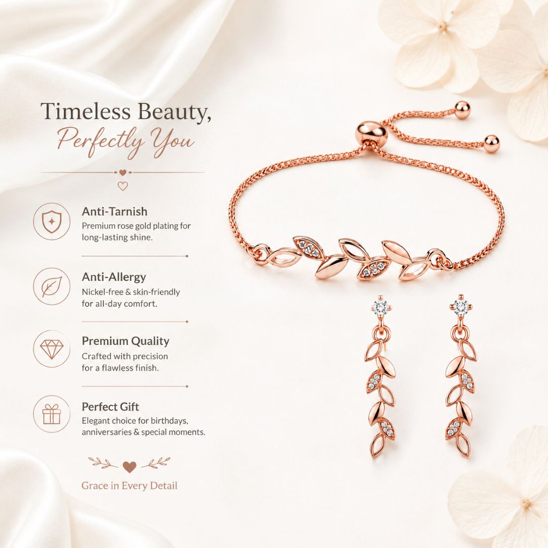 Rose Gold Leaf Bracelet With Drop Earrings For Women