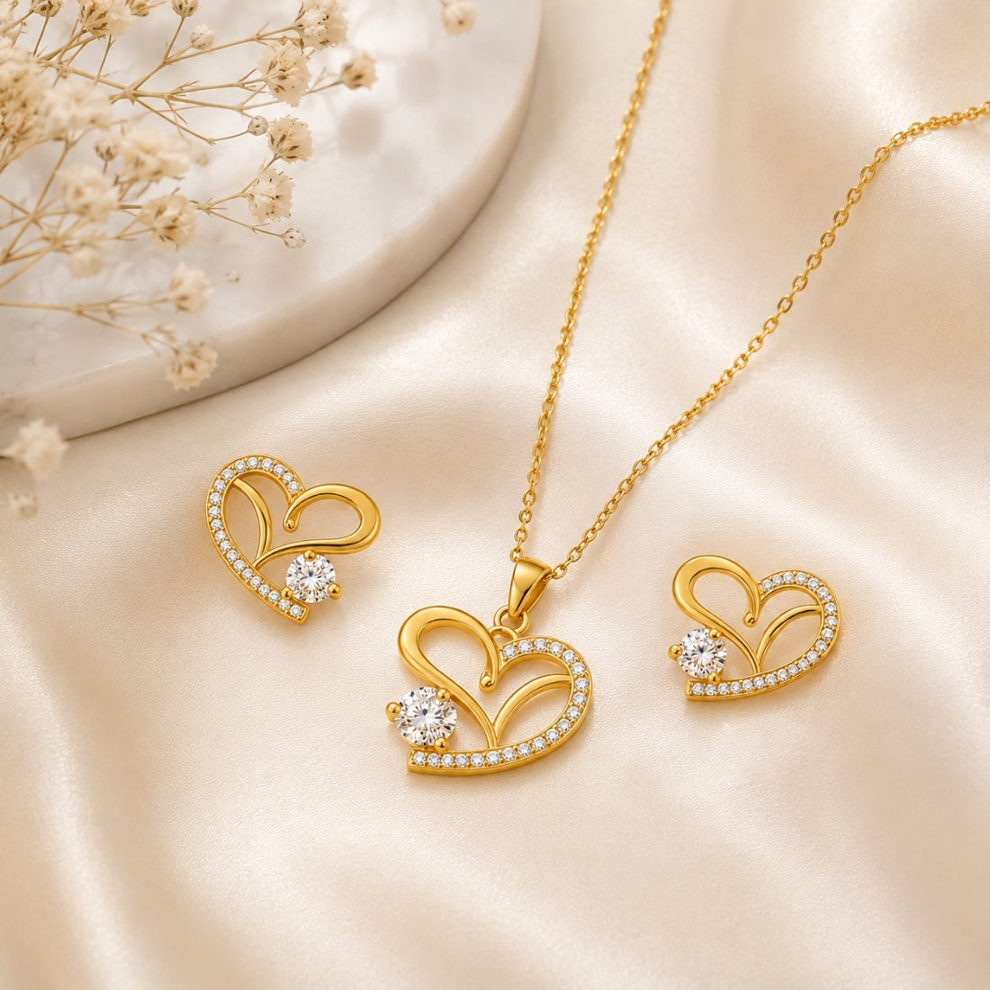 Gold Plated Heart Necklace With Earrings for Women
