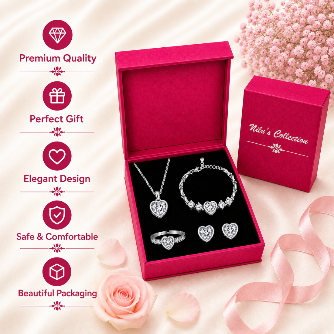 Silver Plated White Heart Jewelry Set