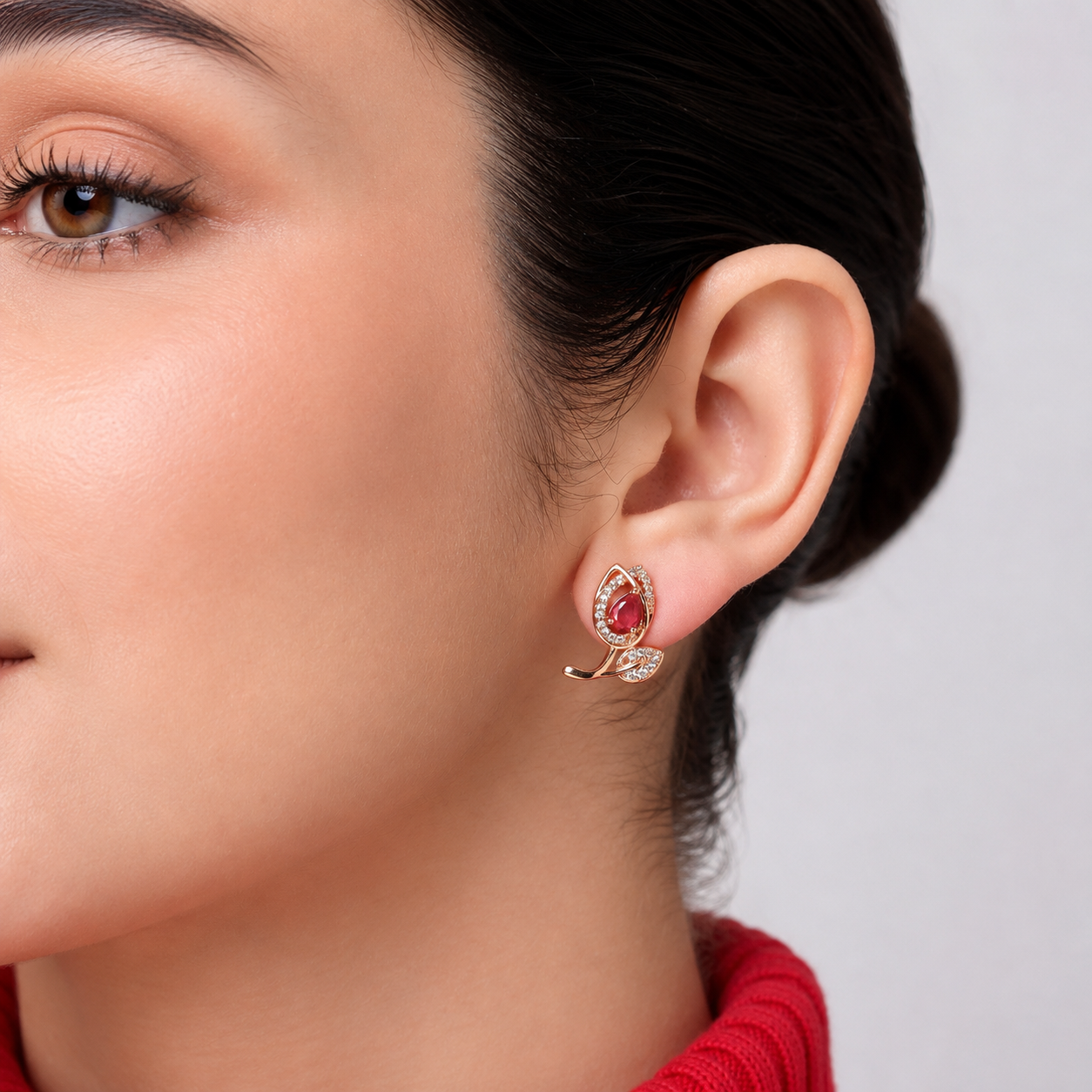 Rose Gold Floral Stud Earrings With Pink Stone