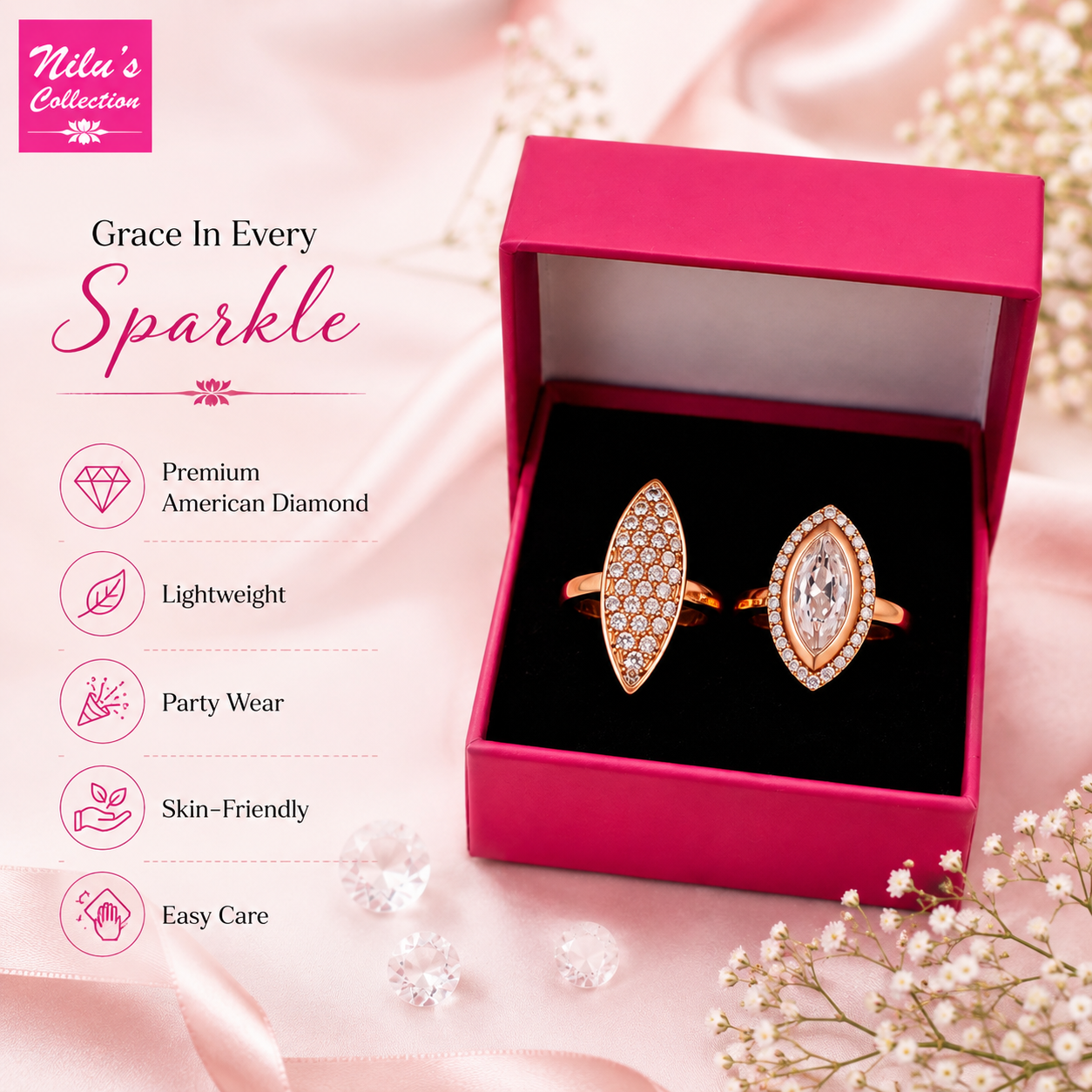 Ring Stacks Value Set| Rose Gold-Plated Rings with Sparkling American Diamond For Women &Girls