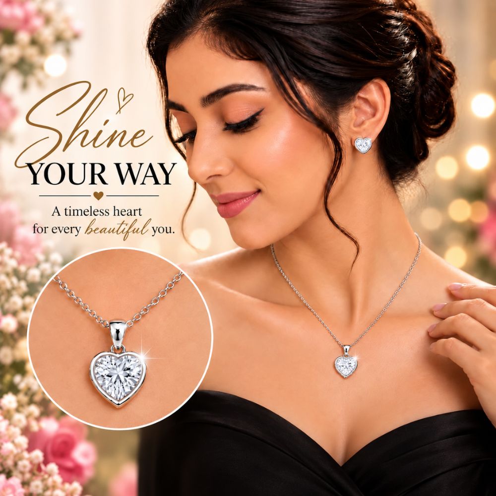 Silver Heart Pendant With Earrings For Women