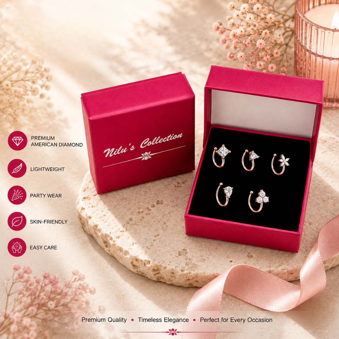 Rose Gold American Diamond Non Piercing Nose Pin Set for Women