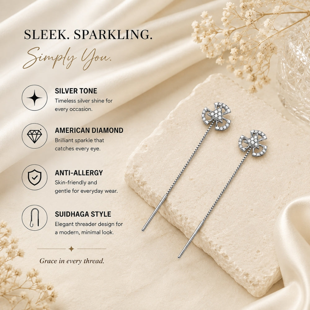 Silver Sui Dhaga Long Drop Earrings For Women