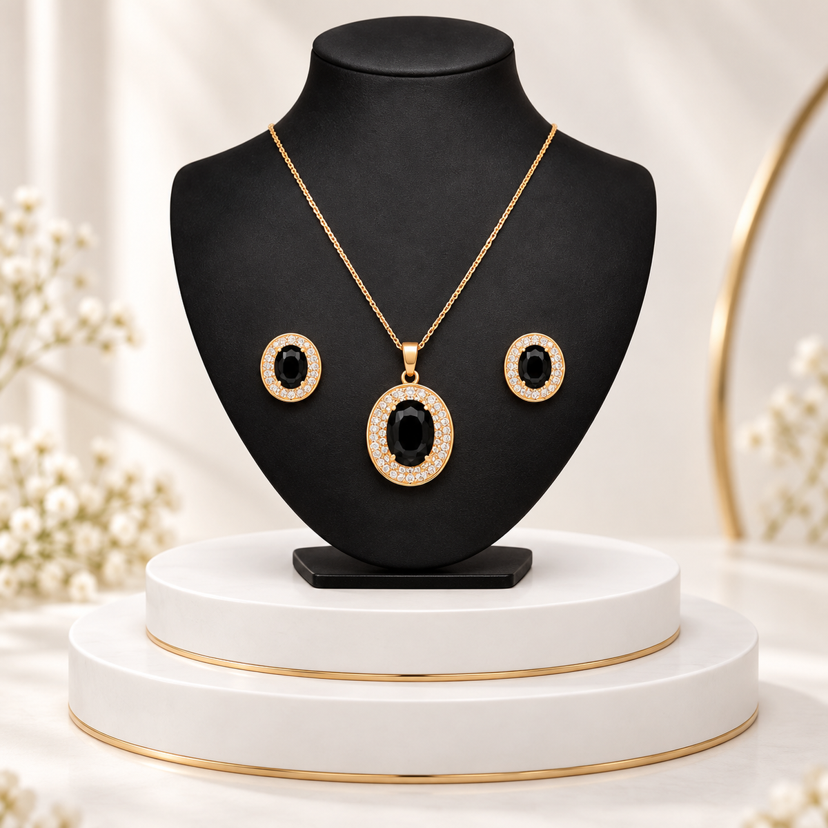 Rose Gold Black Oval Stone Necklace Set for Women And Girls