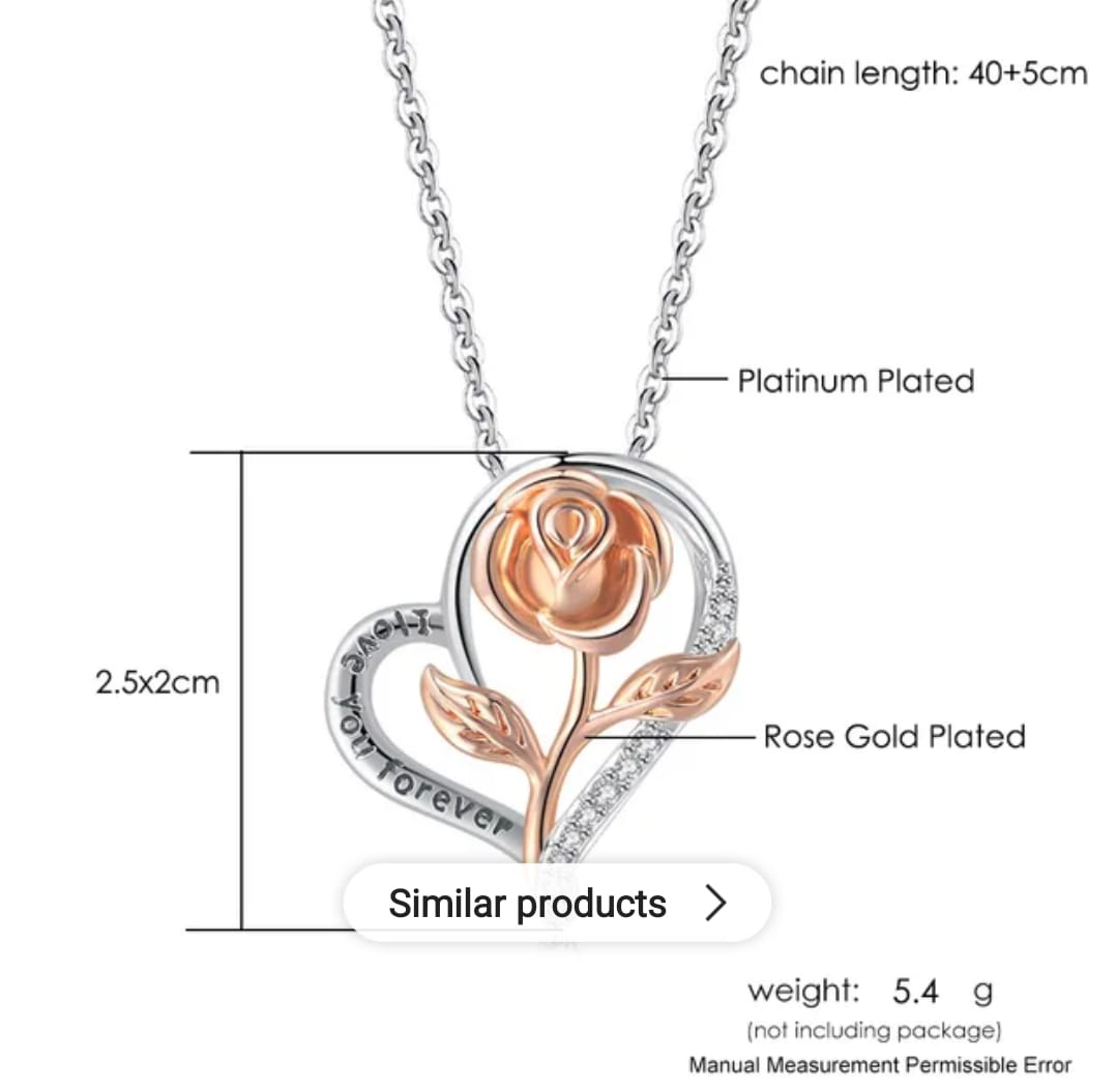 Stylish Silver Plated CZ Chain Pendent Set for Women, Heart Shaped Pendant with Rose Design (Silver & Rose Gold)