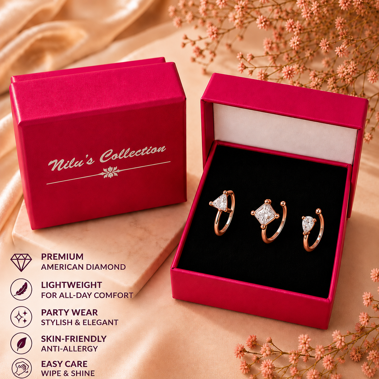 Rose Gold American Diamond Non Piercing Nose Pin Set
