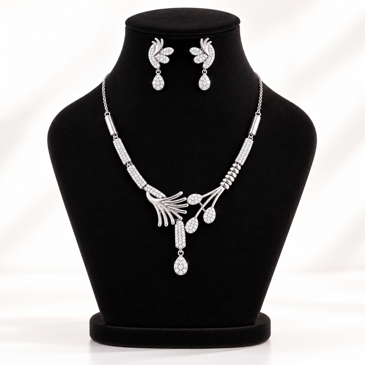 Silver Plated Floral Necklace With Earrings For Women