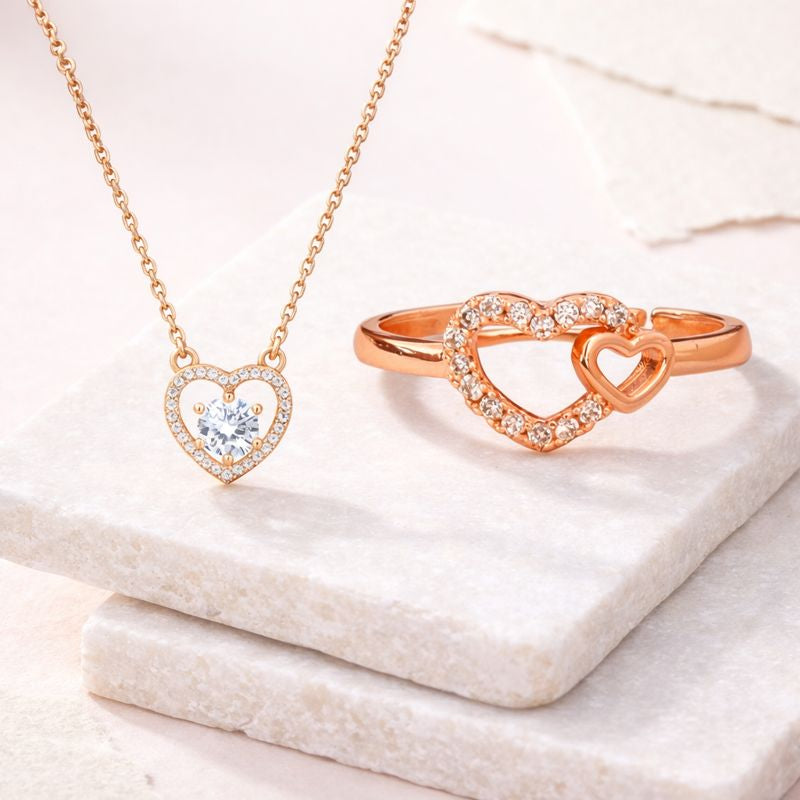 Foever Love Value Set| Rose Gold Plated Heart Pendant and Ring With American Diamond for Women & Girls