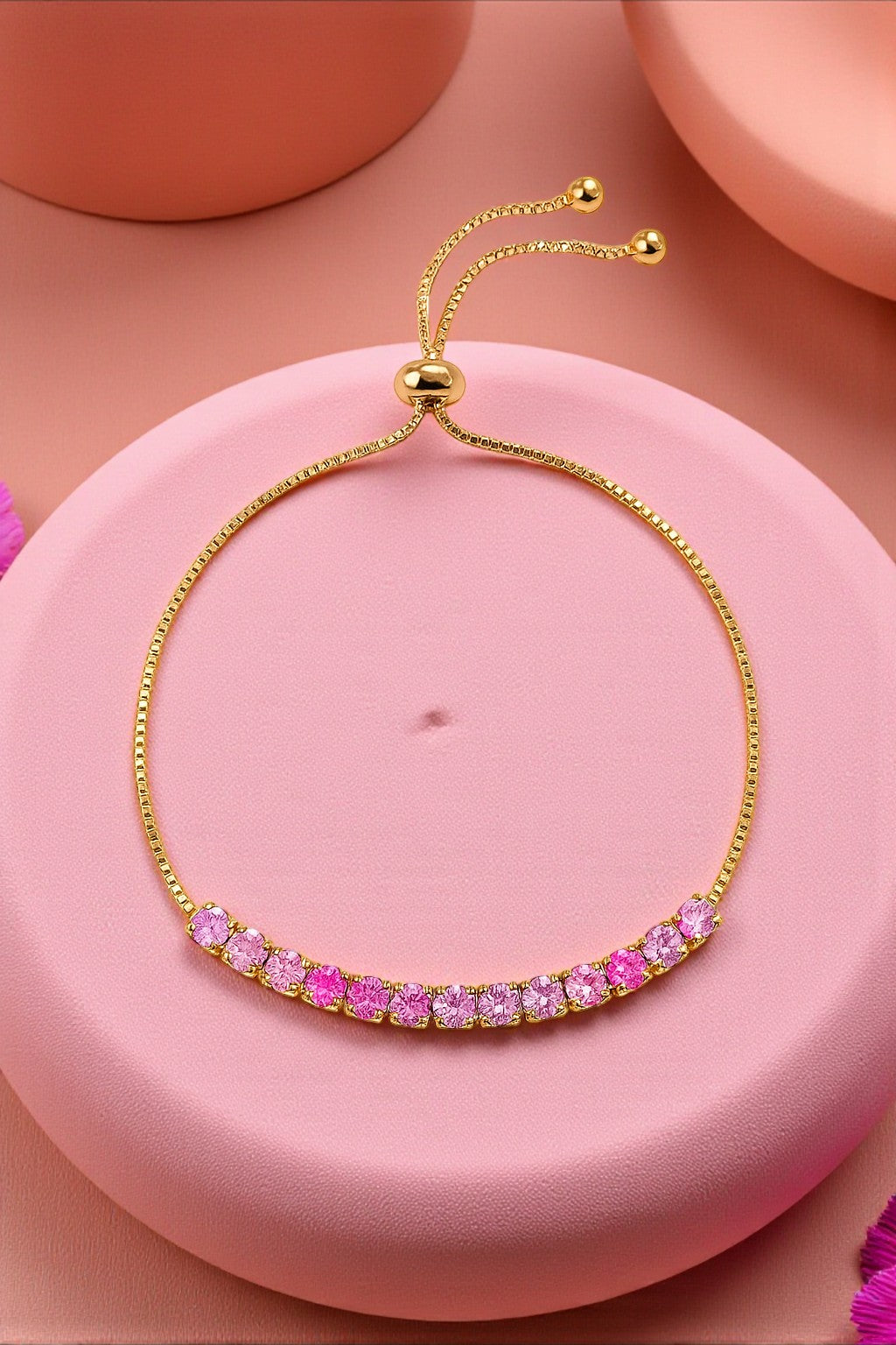 Trendy Tennis Adjustable Bracelet With American Diamond For Women & Girls | Anti- Tarnish | Anti- Allergy |Daily Wear ( Pink)