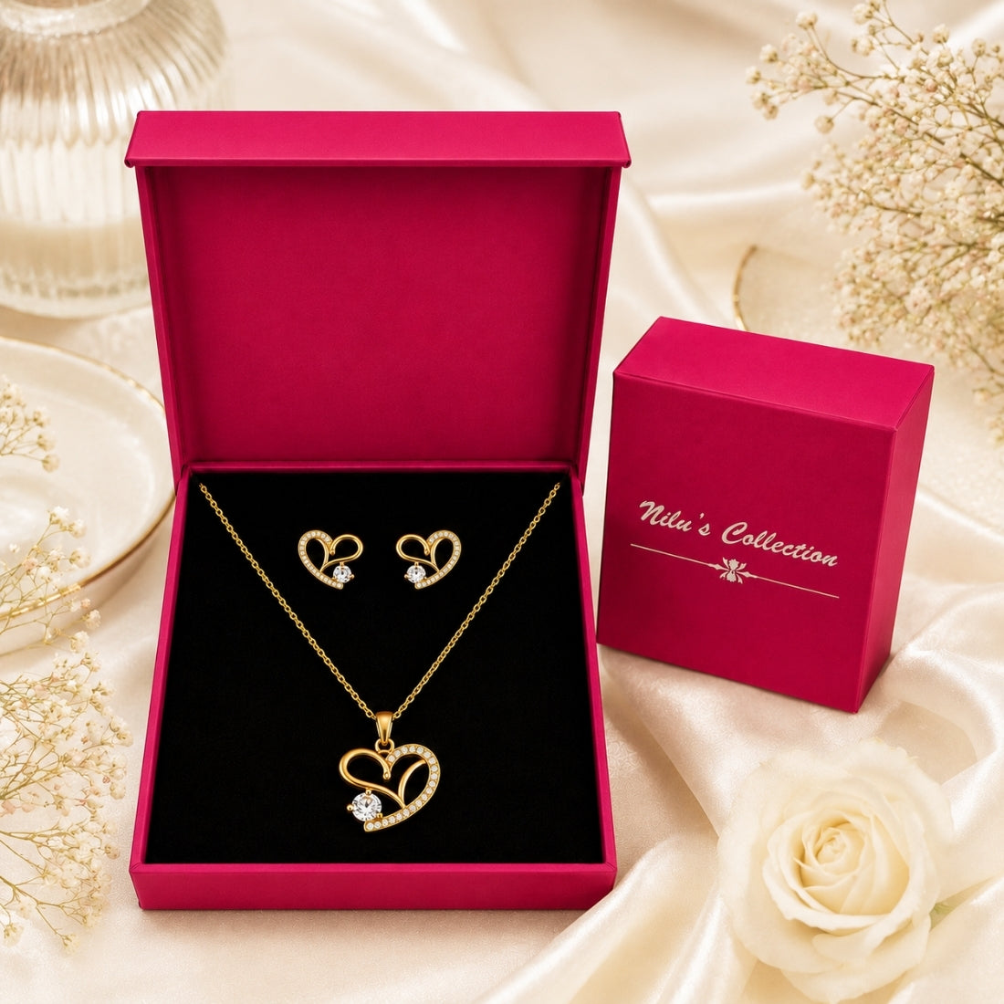 Gold Plated Heart Necklace With Earrings for Women