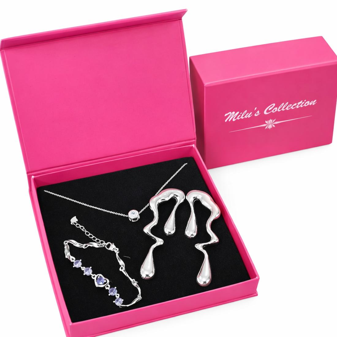 Gift Stylish Silver Jewelry Set for Women – Necklace, Earrings & Bracelet with Modern Wave Design | Elegant Gift Box for Parties, Weddings & Special Occasions