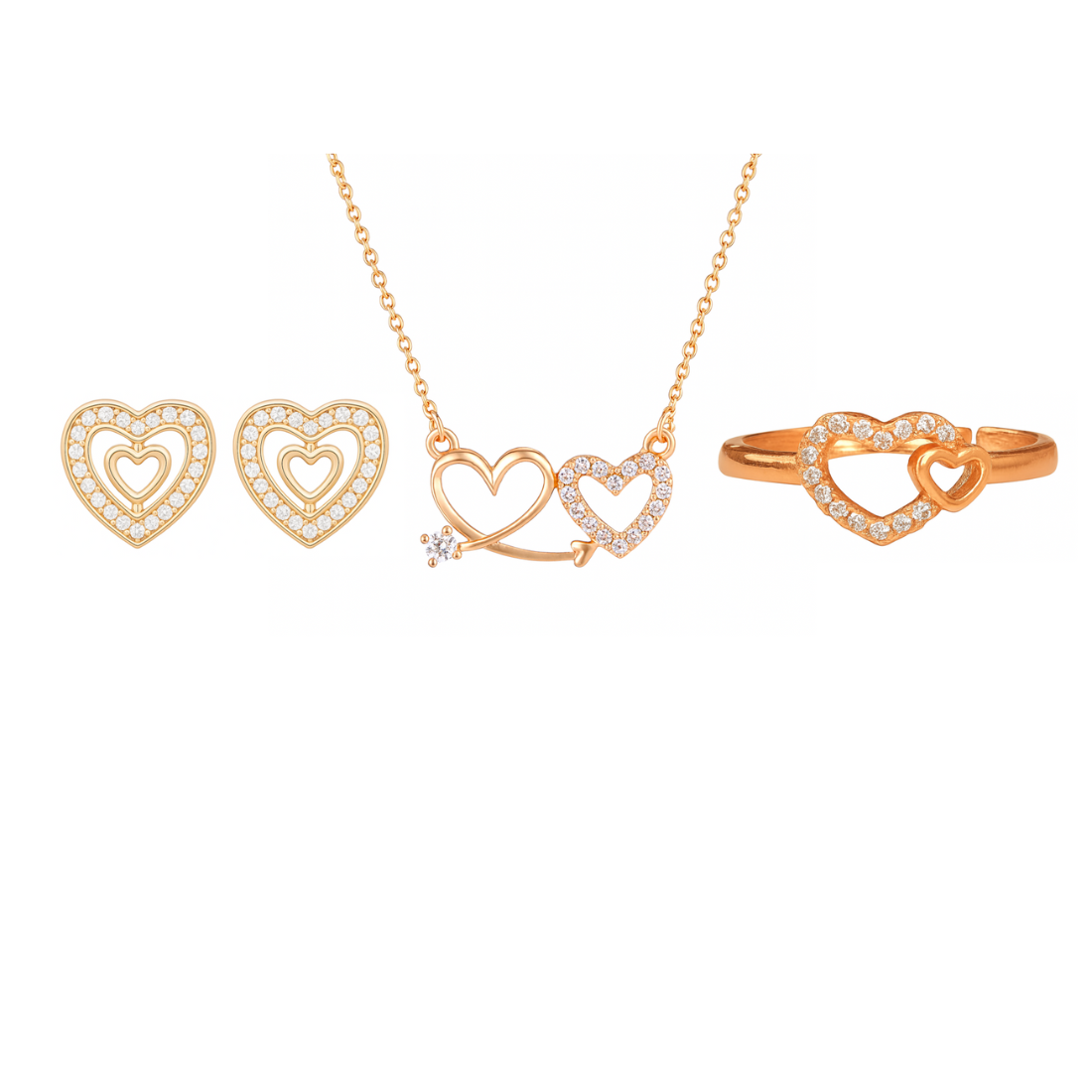 Harmony Hues Valentine Special Rose Gold Plated Heart Shaped Jewellery Value Set For Women And Girls | Pendant | Earrings | Ring