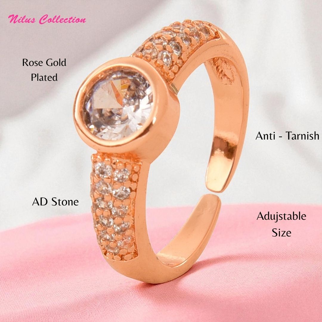 Rose Gold Plated | American Diamond Studded | Adjustable | Finger Ring for Women and Girls, Style 17