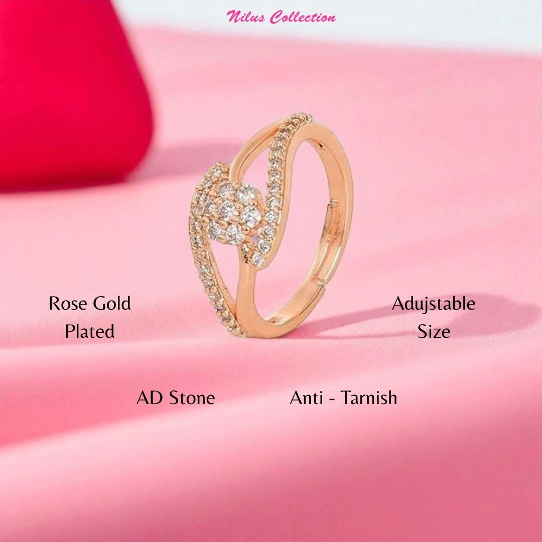 Rose Gold Plated | American Diamond Studded | Adjustable | Ring for Women and Girls