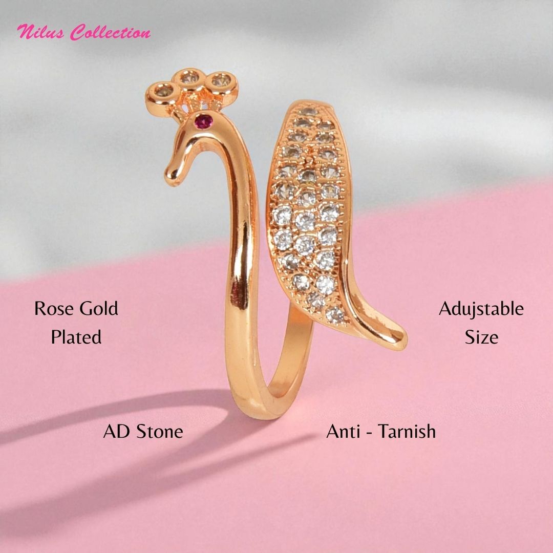 Rose Gold Plated | American Diamond Studded | Adjustable | Finger Ring for Women and Girls, Style 5
