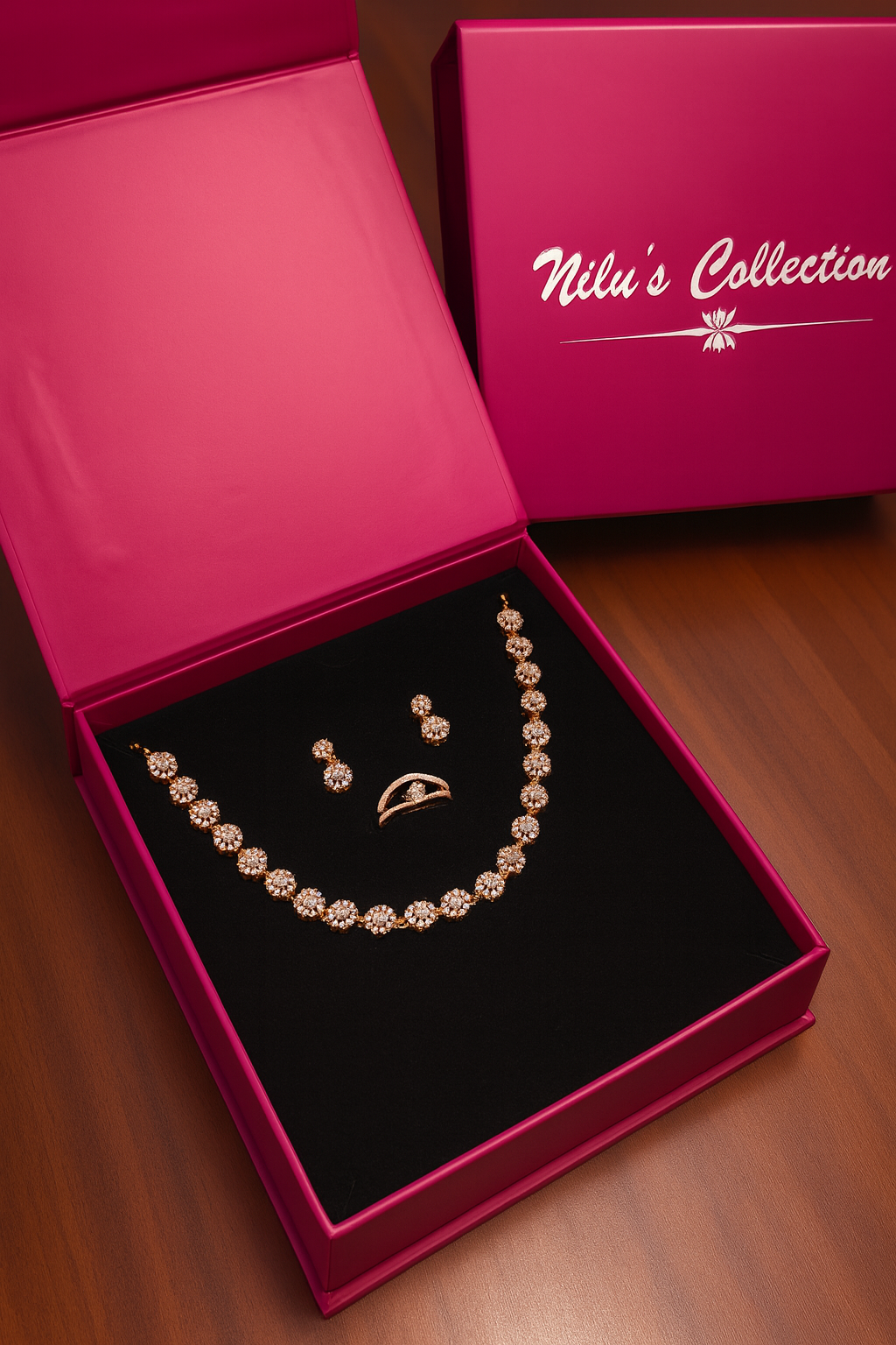 Gift Rose Gold Plated American Diamond Necklace Set with Earrings & Ring for Women & girls