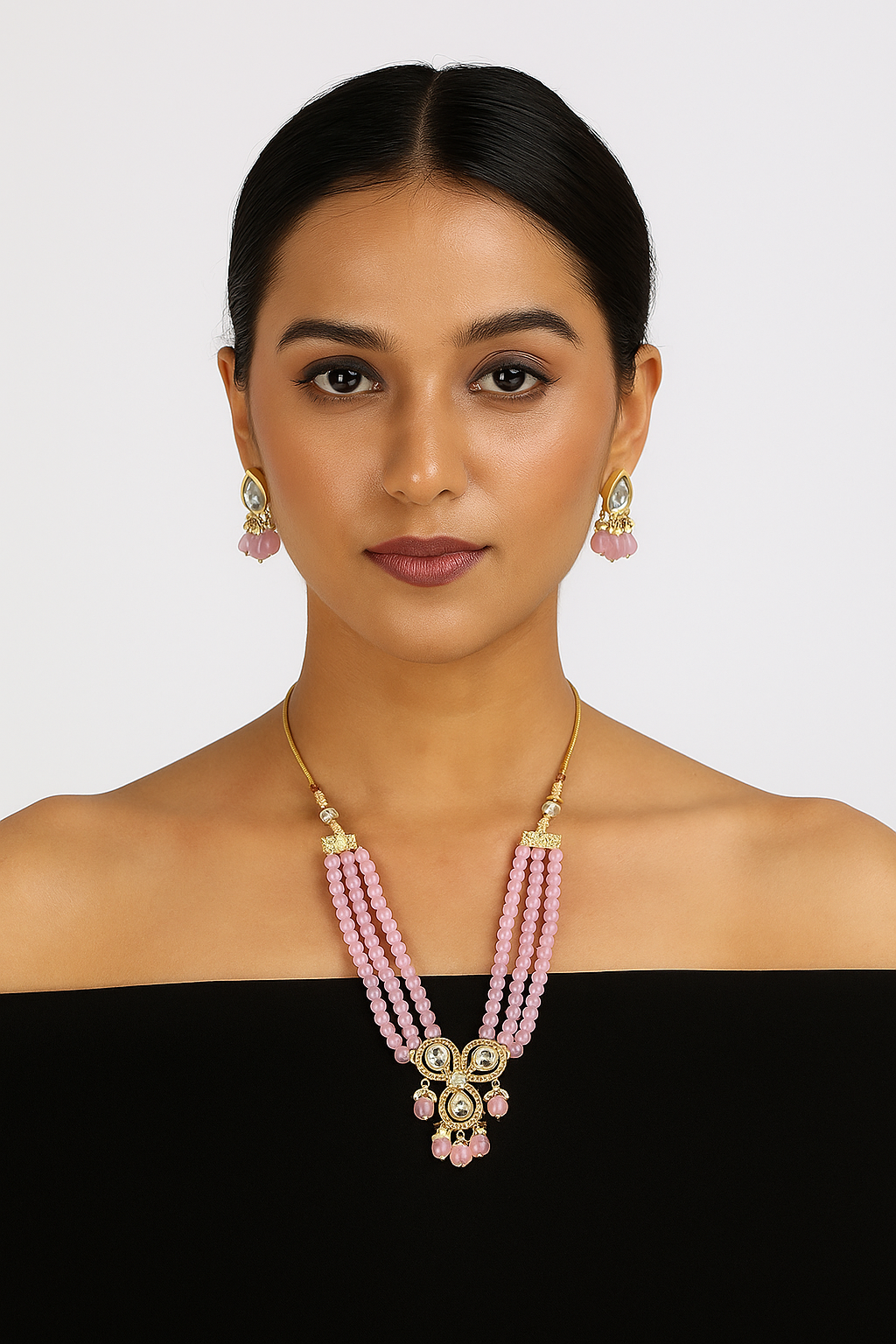 Traditional Necklace with Elegant Triple-Layer Pink Moti Pearl Beads and Decorative Pendant And Pair Of Earrings For Girls And Womens