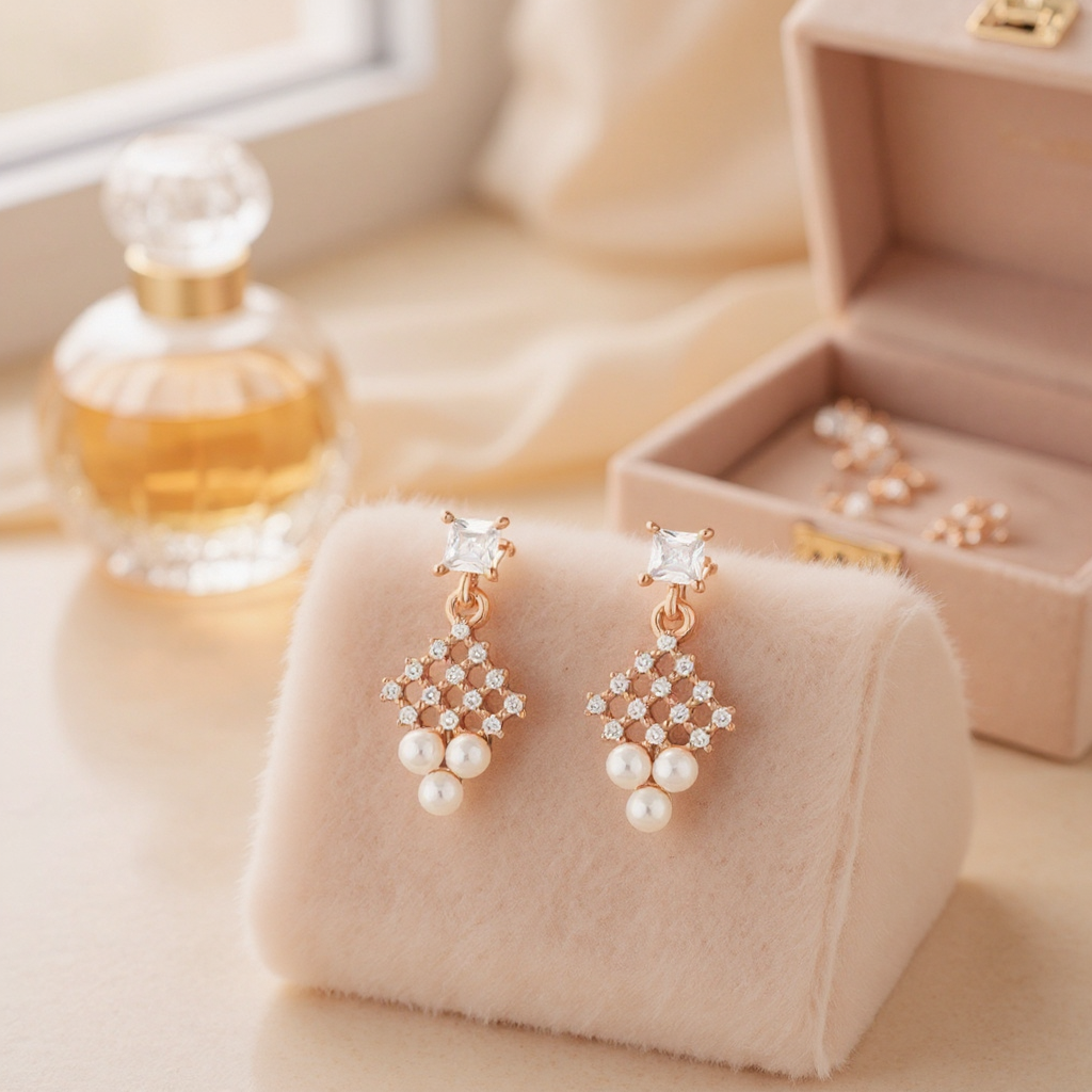 Nilu's Collection Rose Gold Plated Pearl Drop Earrings with AD Stones Dangler Earrings for Women & Girls | lightweighted | Anti-Tranish | Anti-Allergy