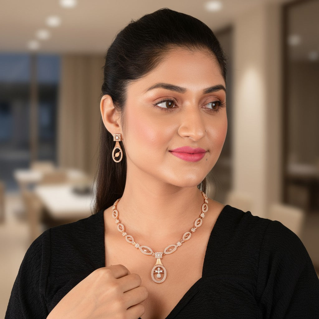 Nilu's Collection Rose Gold Plated Necklace Set with American Diamond for Women and Girls | Lightweight & Adjustable Design | Anti-Tarnish | Anti-Allergy