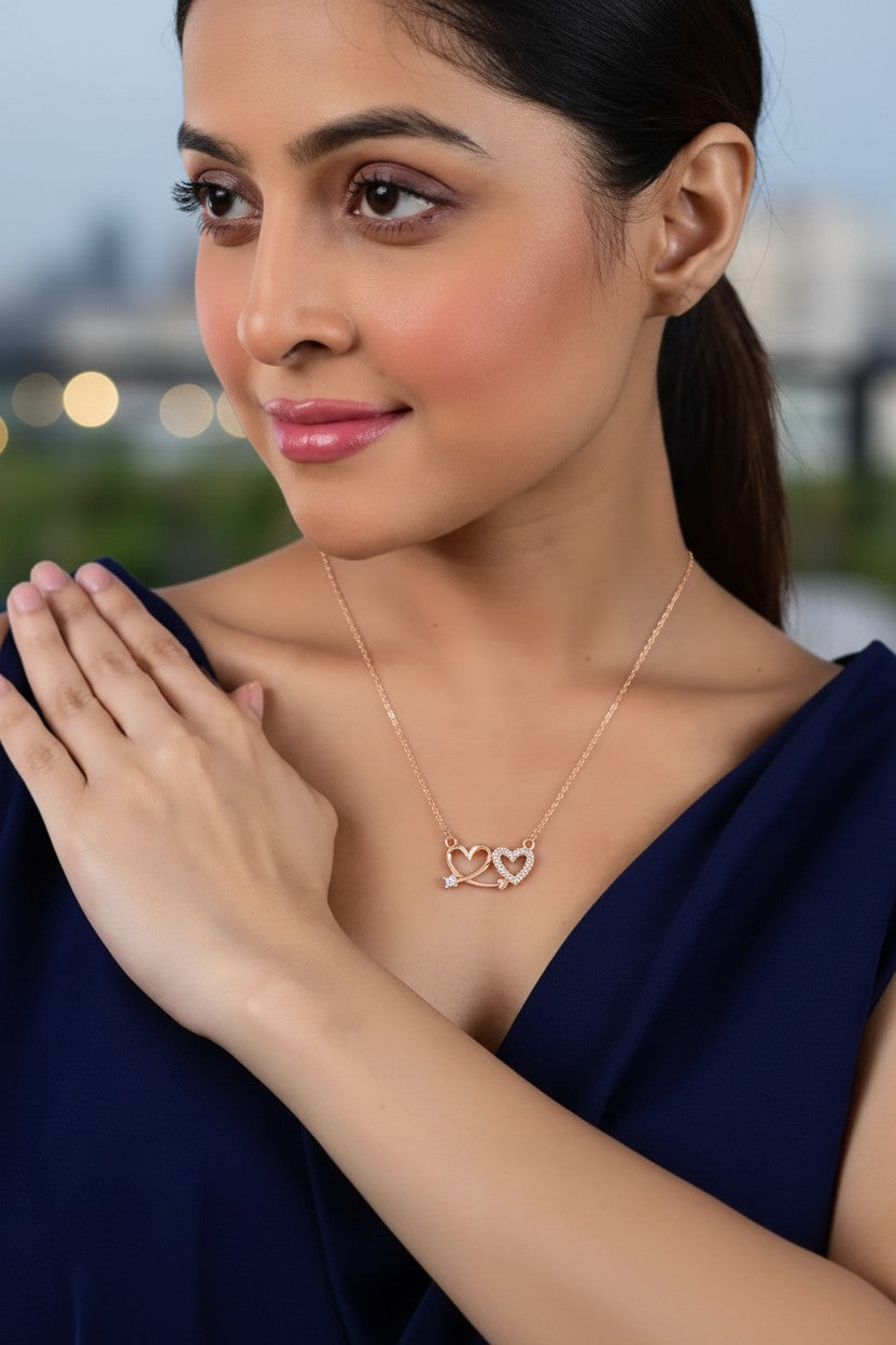Rose Gold Plated Double Heart Pendant Necklace With American Diamond  for Women and Girls |Anti-Tranish | Anti- Allergy | Office Wear