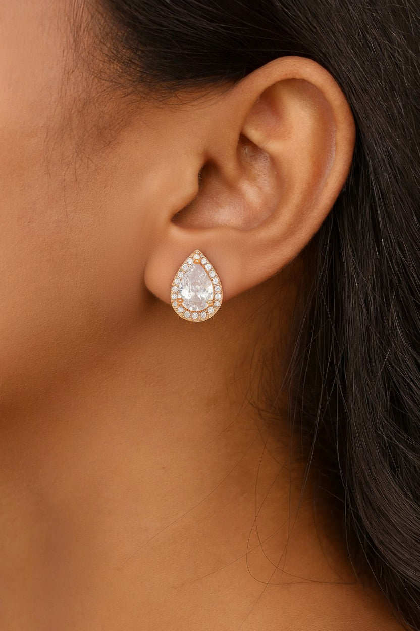 Rose Gold Plated Teardrop Stud Earrings AD Stones For Women And GIrls