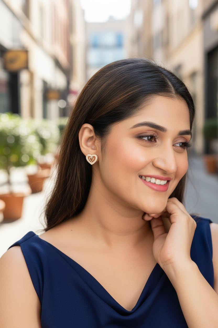 Nilu's Collection Rose Gold Plated Double Heart Stud Earrings with American Diamond For Women And Girls | Anti-Tranish | Anti-Allergy | Office Wear