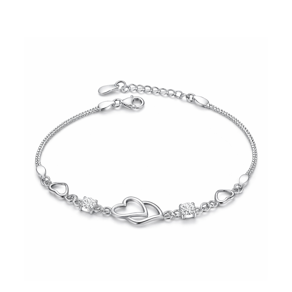 Double Heart Shape Silver Plated CZ Crystal Bracelet, Gift for Loved One, Valentine's Day Gift