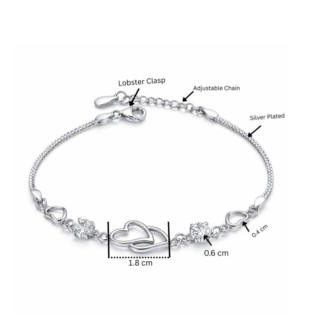 Double Heart Shape Silver Plated CZ Crystal Bracelet, Gift for Loved One, Valentine's Day Gift