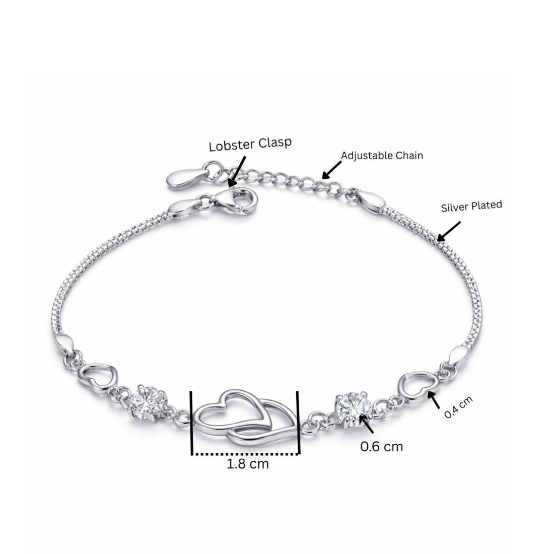 Double Heart Shape Silver Plated CZ Crystal Bracelet, Gift for Loved One, Valentine's Day Gift