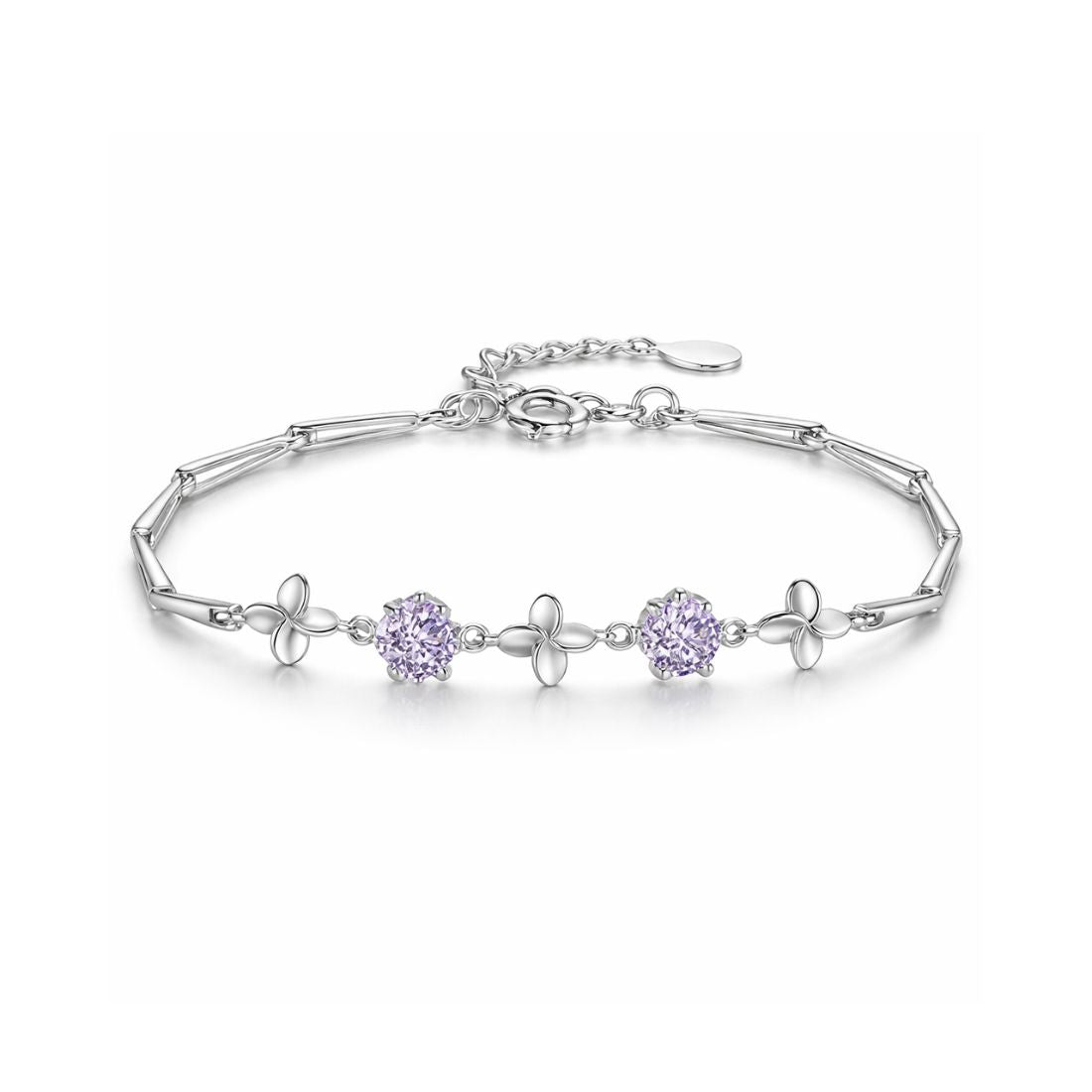 Latest Stylish Silver Plated Cubic Zirconia Clover Shaper Charm Bracelet for Women, Gifts for Girlfriend, Women & Girls (Purple)