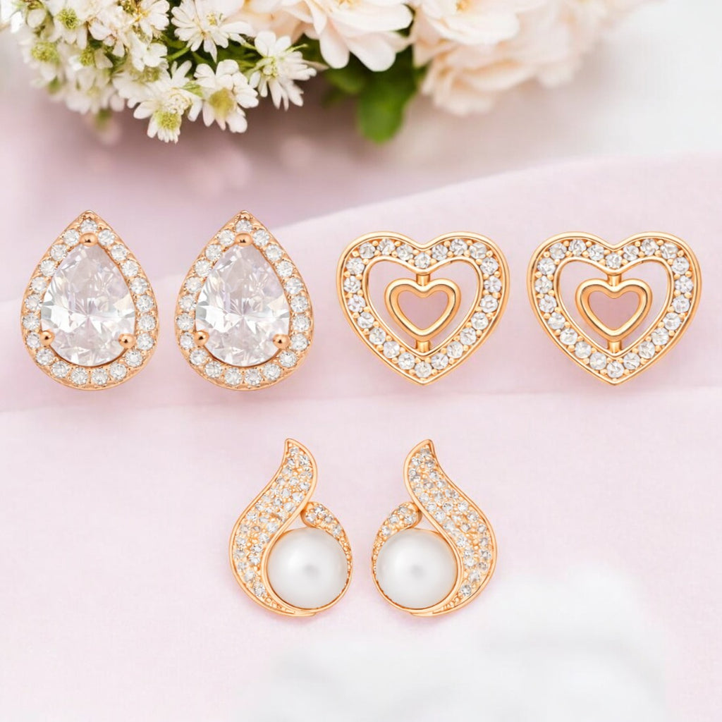 Weekly Rotation Studs| Rose Gold Plated Stud Earrings With AD Stone| Value Set For Women And Girls